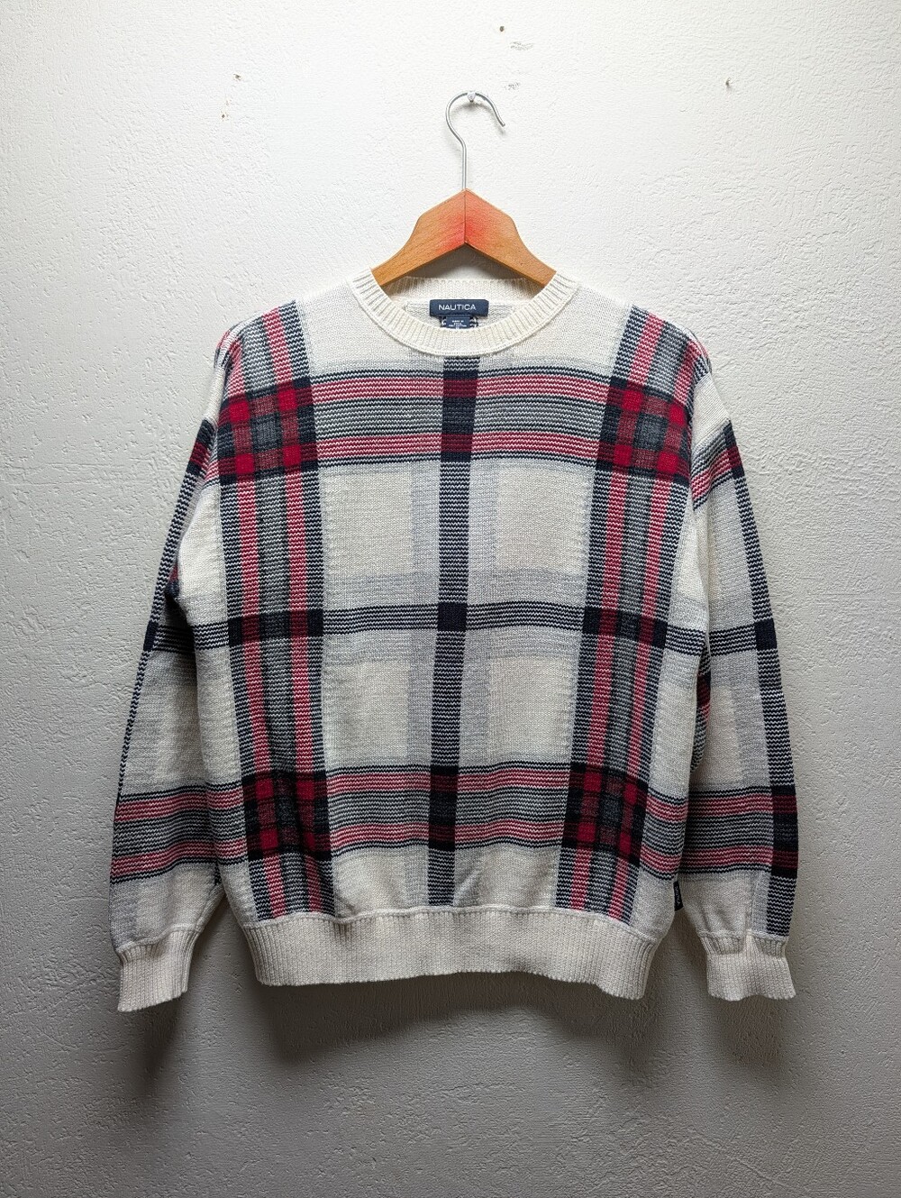 Vintage 90s Nautica Plaid Knit Sweater Mens Small Cream Red Tartan Crewneck